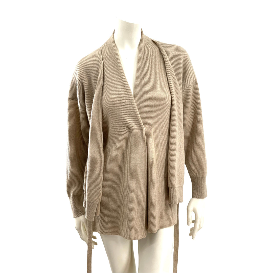 Brunello Cucinelli Double Layer Belted Ribbed Cashmere Cardigan Camel