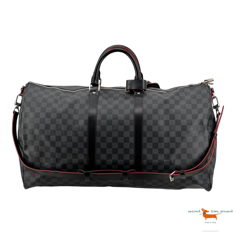 Louis Vuitton Keepall Bandouliere 55 Damier Graphite Rouge Limited Edition Black Leather Cross Body Bag