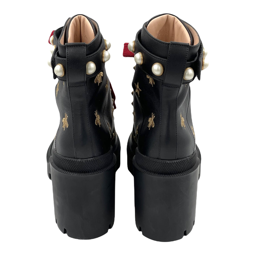 Gucci Calfskin Embroidered Lace Up Combat Ankle Boots