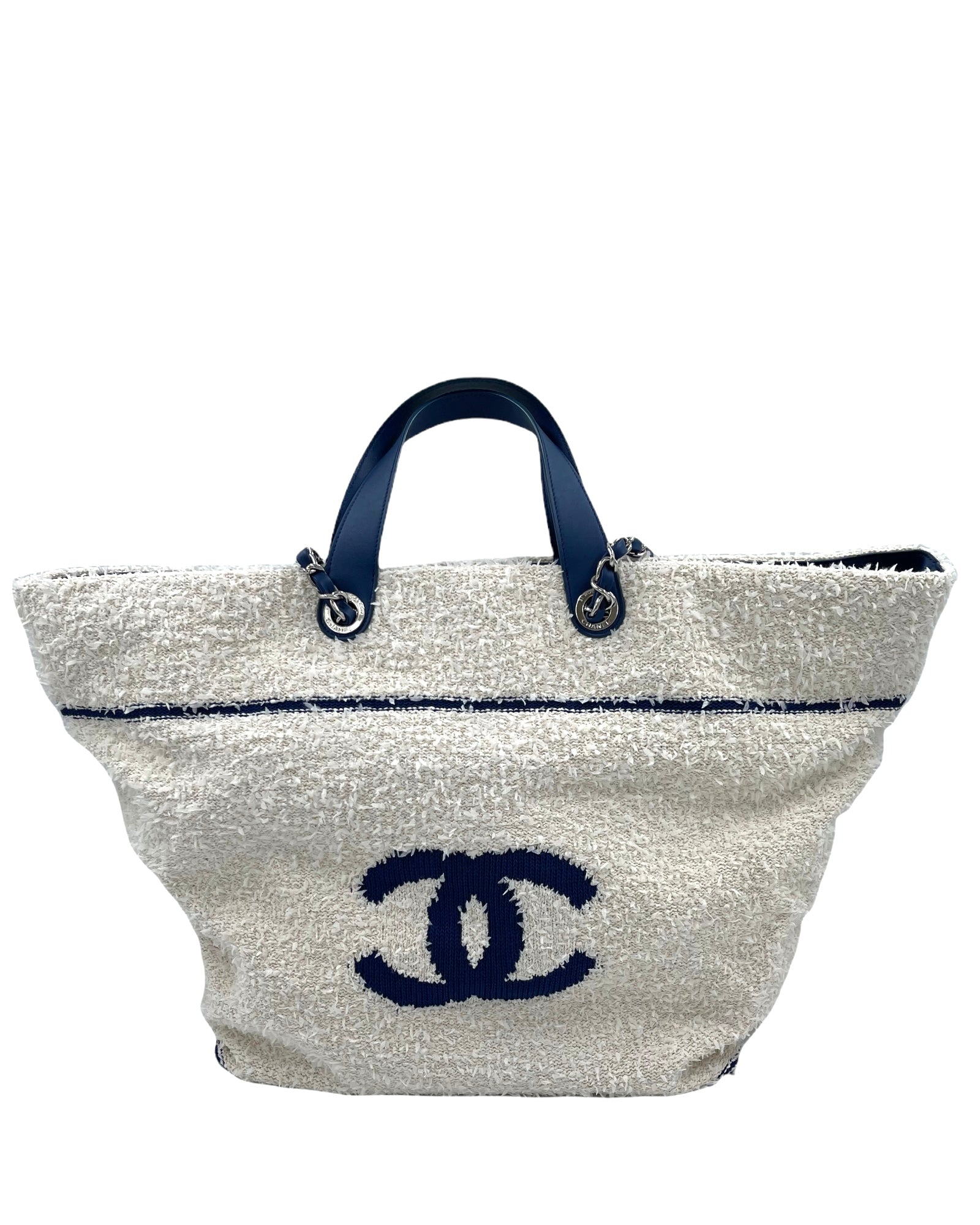 CHANEL Venise Biarritz Shopping Tote Terry Cloth Blue & White Large