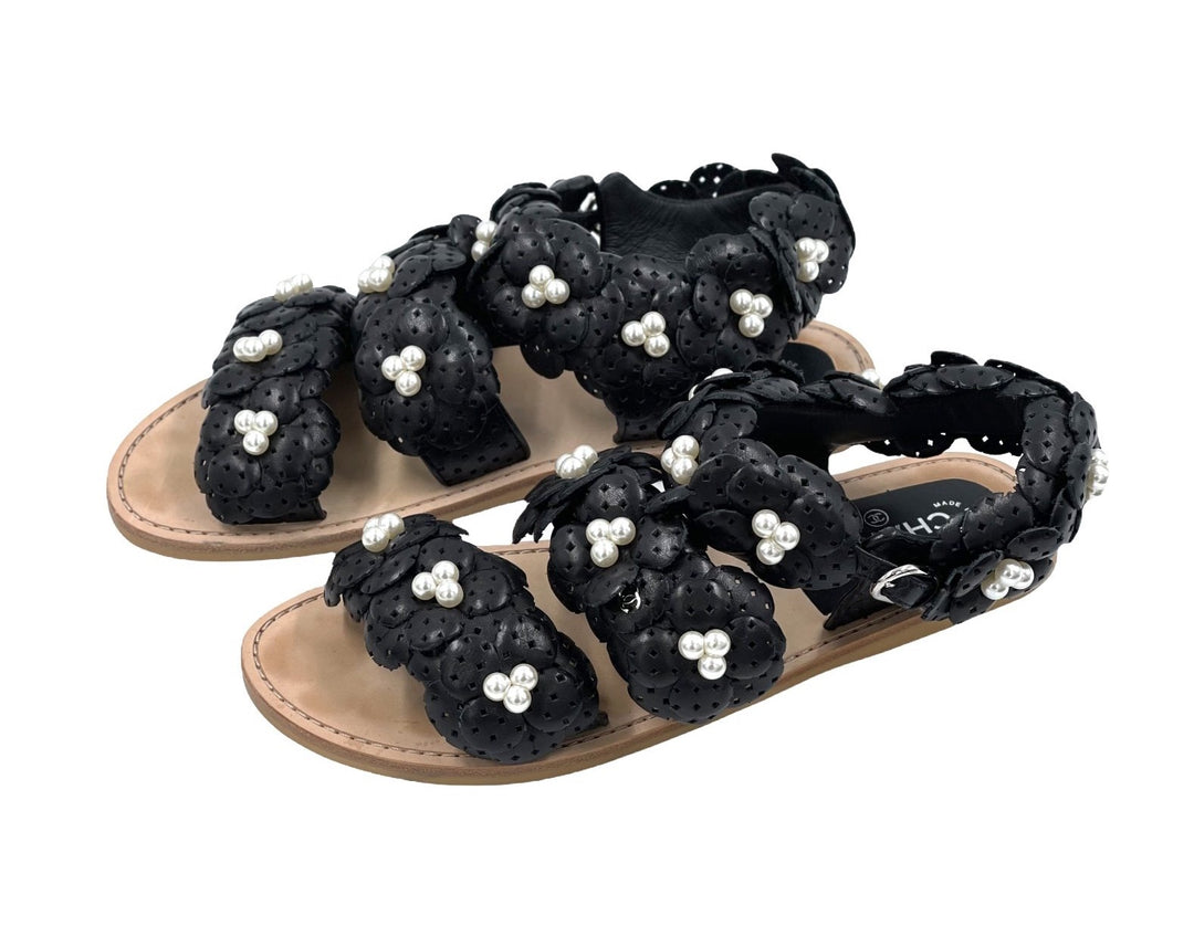 Chanel Black Camelia Flower CC Flat Sandal with Pearls 38.5