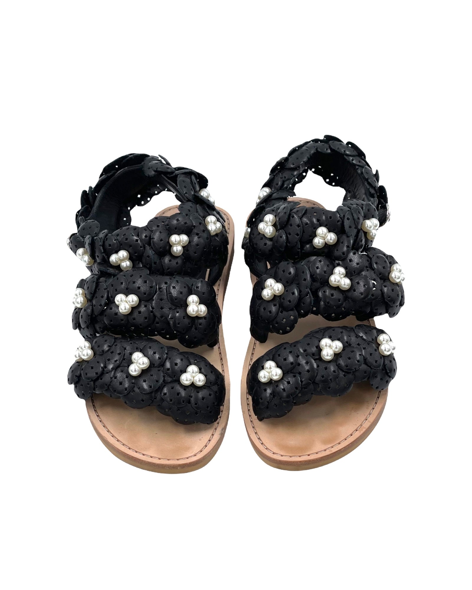 Chanel Black Camelia Flower CC Flat Sandal with Pearls 38.5