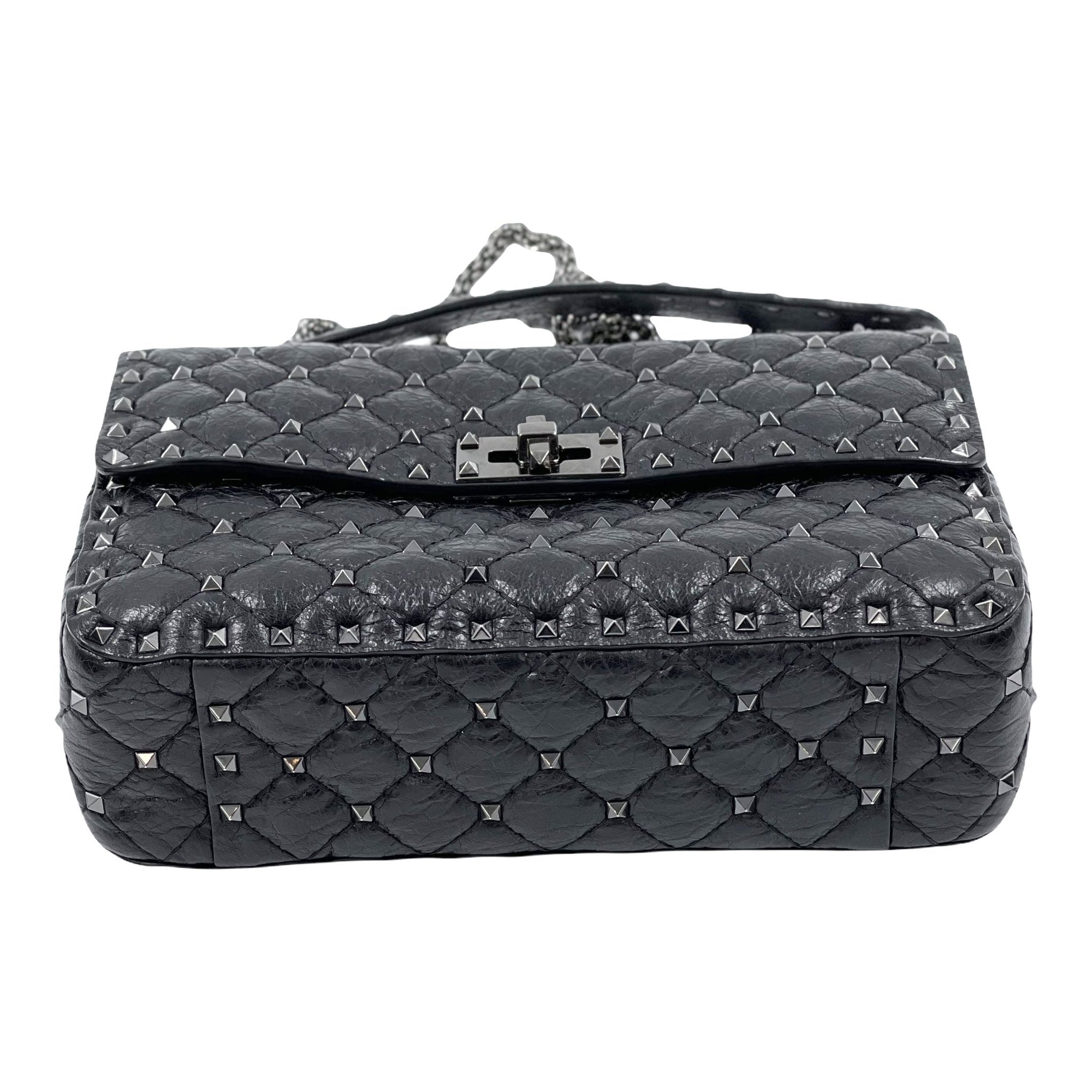 Valentino Craquele Nappa Medium Rockstud Spike Shoulder Bag Black