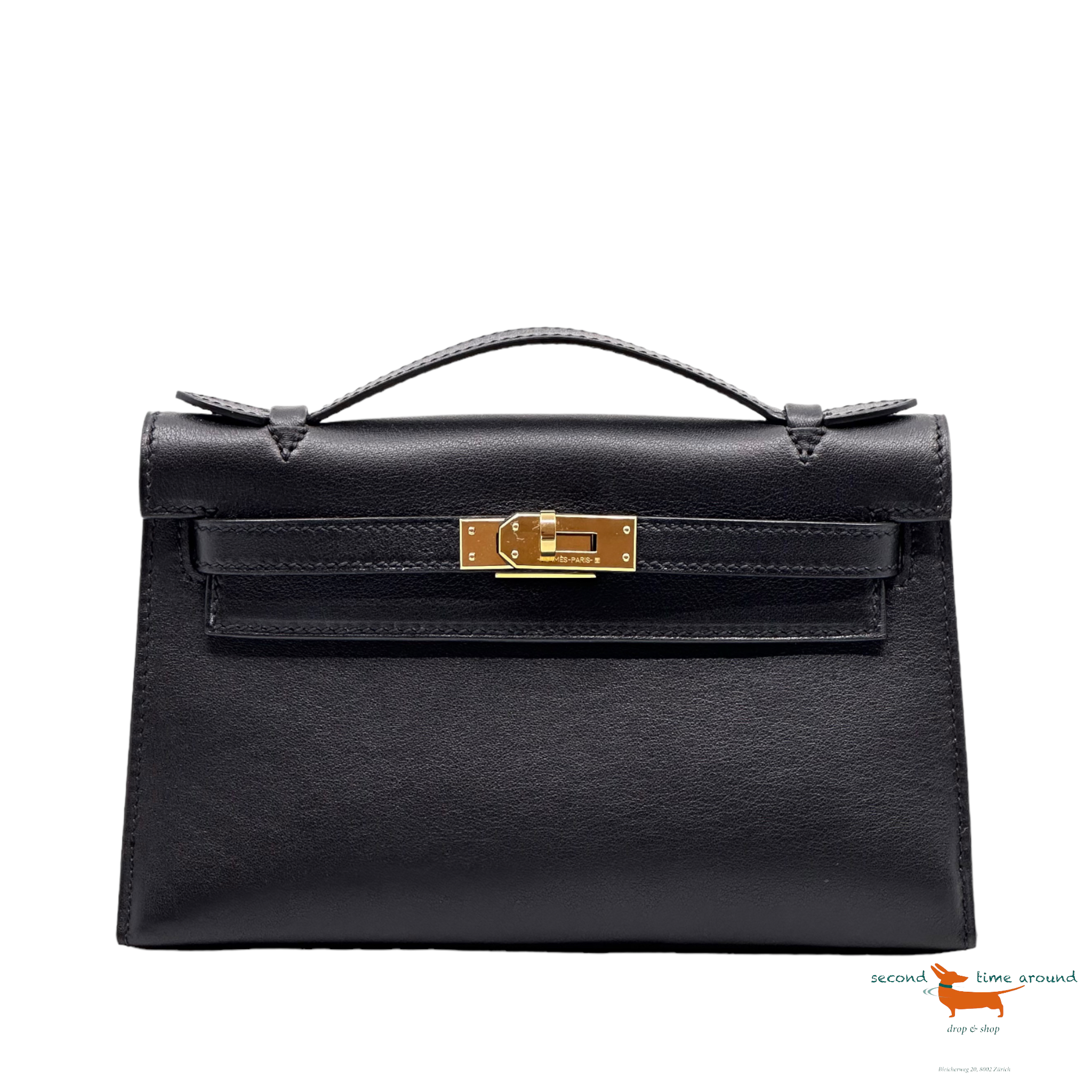 Hermes Kelly Pochette Menthe Gold Hardware Black Swift