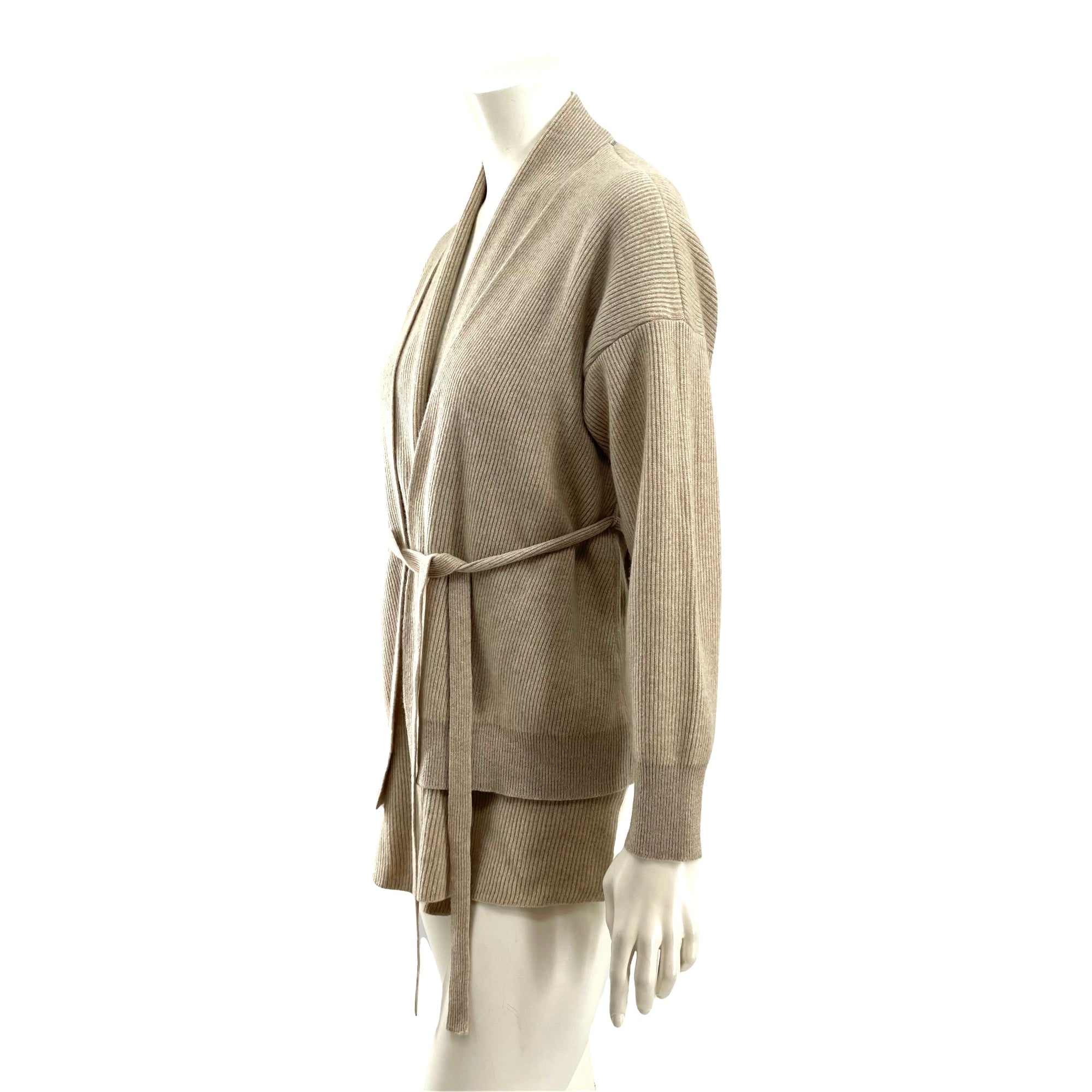 Brunello Cucinelli Double Layer Belted Ribbed Cashmere Cardigan Camel