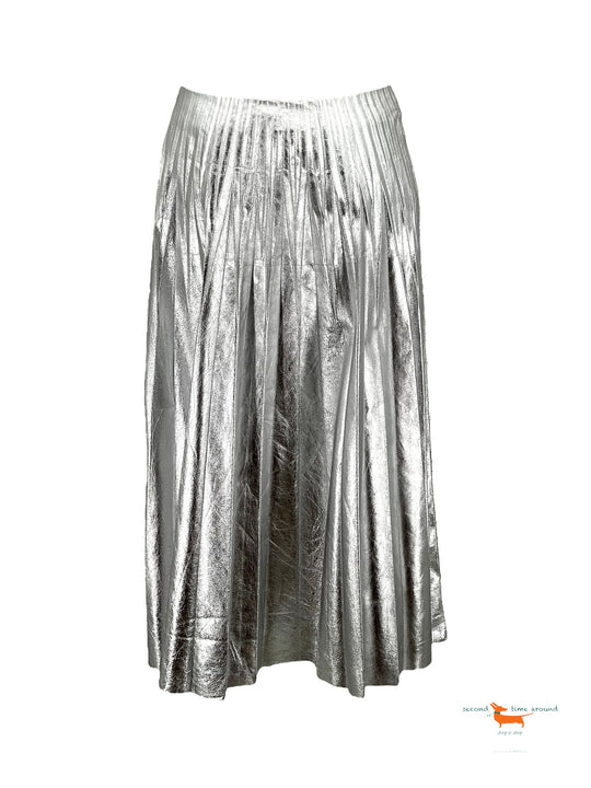 Gucci Silver Metallic Plisse Leather Pleated Midi Skirt